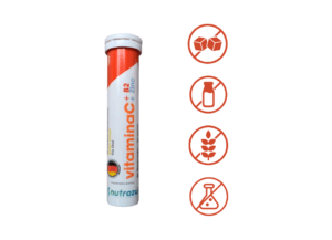 Vitamina C + Zinc + B2 Nutrazul sin azúcar, gluten ni lactosa Tubo de suplemento efervescente Nutrazul Vitamina C + Zinc + B2 con iconos de sin azúcar, sin lactosa y sin gluten