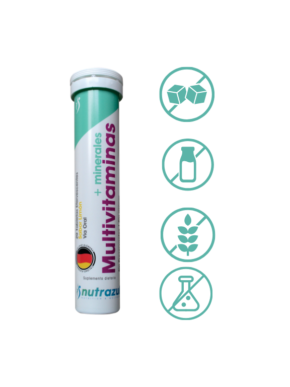 Multivitaminas y minerales efervescentes sin azúcar Tubo de multivitaminas y Minerales con símbolos de Sin Lactosa, Sin Azúcar, Sin Gluten y sin conservantes artificiales