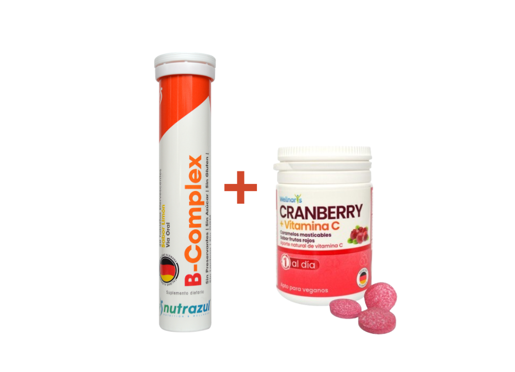 Pack con B-Complex efervescente y Cranberry + Vitamina C, combinación para apoyar energía, defensas y bienestar urinario