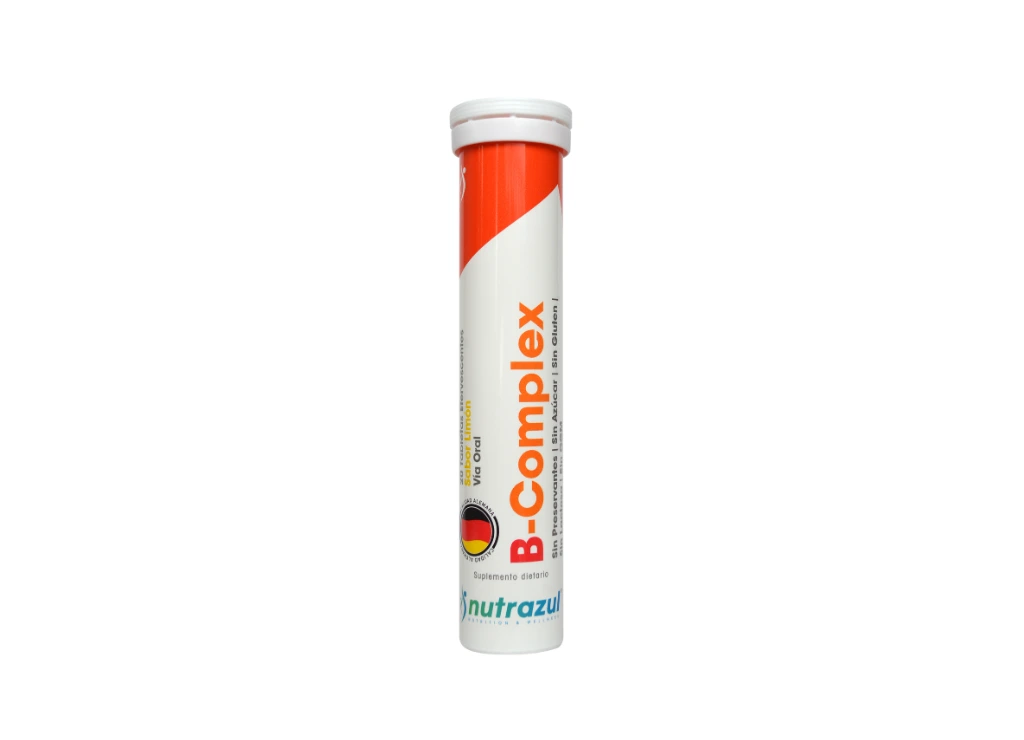 Complejo B Efervescente Nutrazul – frente del tubo, 20 tabletas sabor limón