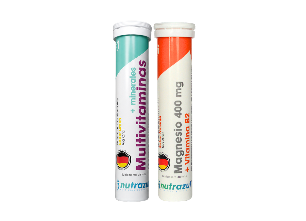 Pack multivitaminas + minerales con magnesio 400 mg y B2 en tabletas efervescentes. Sin azúcar, práctico y completo. 2 tubos de 20 tabletas.
