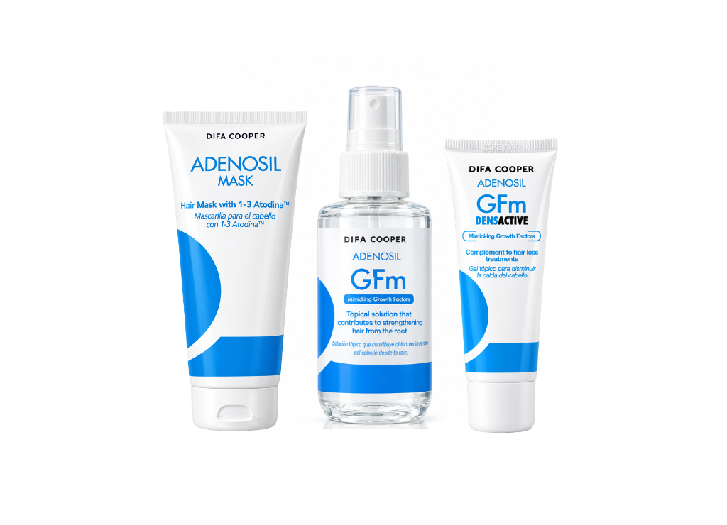 Descubre el protocolo completo de Difa Cooper: Adenosil Mask, Loción GFM y Densactive Gel. Redensifica, oxigena la raíz y frena la caída capilar.